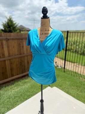 Women's V-Neck Draped Turquoise Top